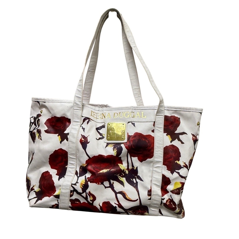 Ieena Duggal White Red Floral Rose Tote Bag Gold Logo Plaque Large Handbag